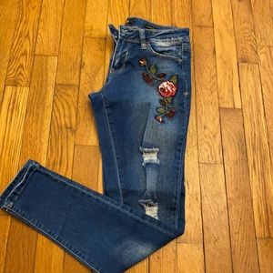 YMI distressed floral embroidered skinny jeans